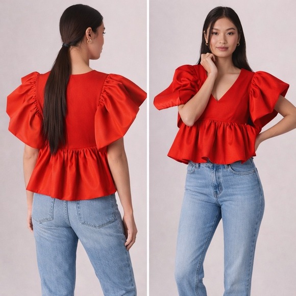 Sunday in Brooklyn Tops - Sunday in Brooklyn Red Puff Sleeve Peplum Top‎ V-Neck NWT Size S 4112